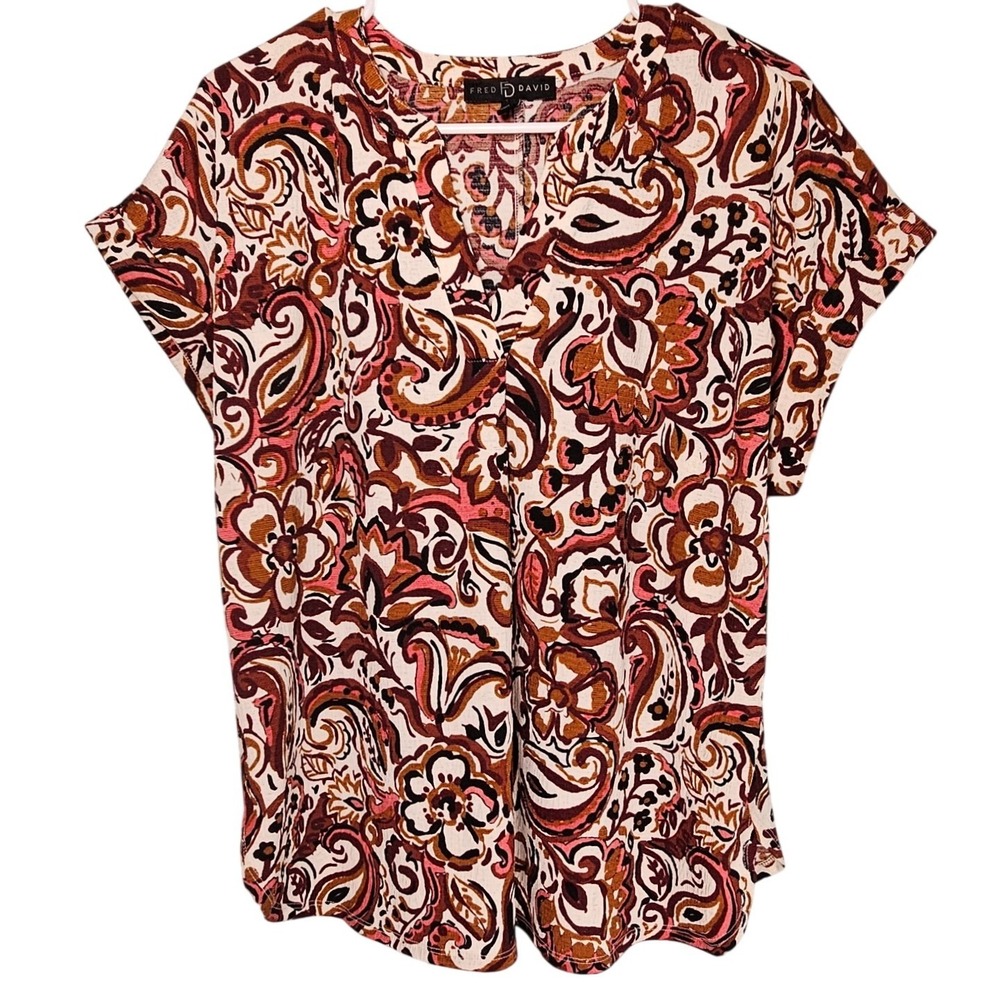 Fred David Womens Retro Boho Paisley Floral Split V-Neck Blouse Brown L 70s